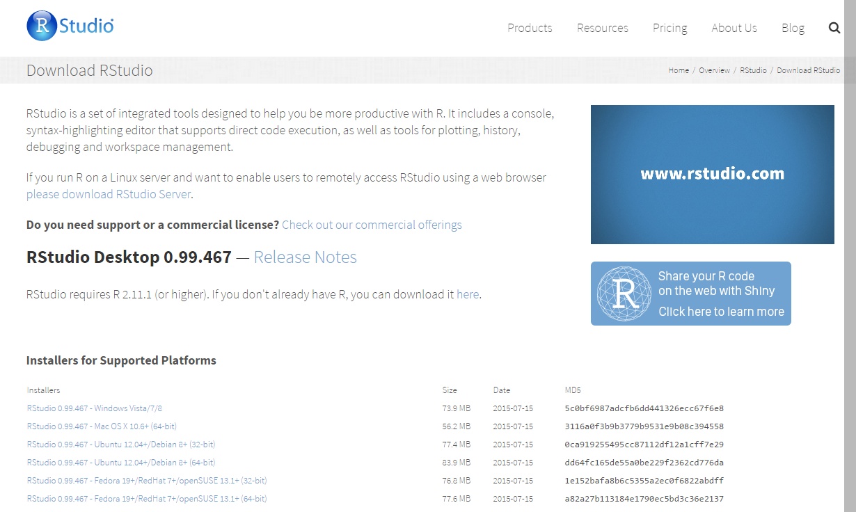 Screenshot of RStudio Download Links