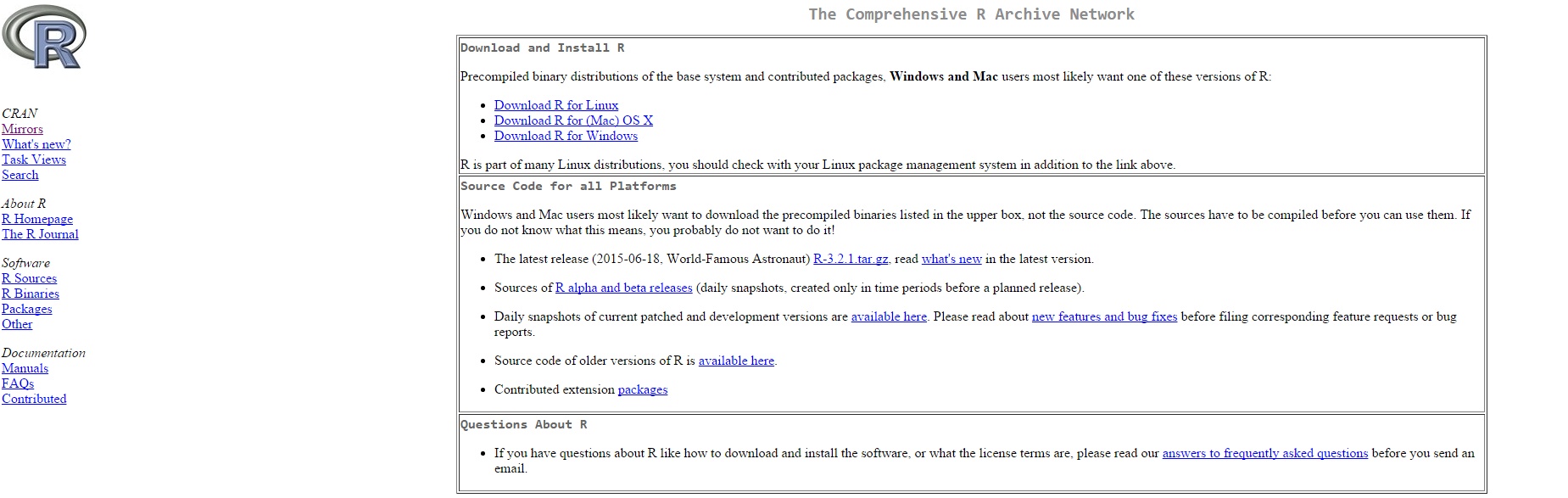 Screenshot of R Download Links
